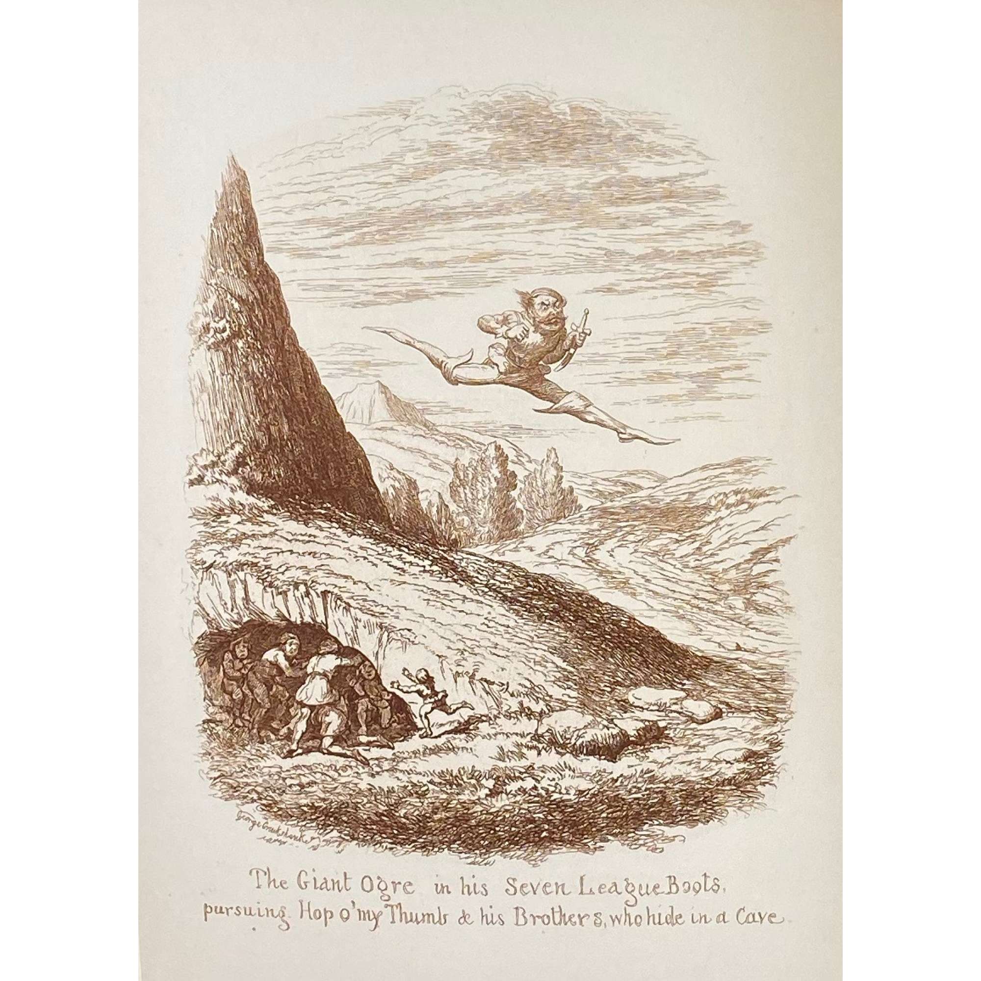 George Cruikshank. George Cruikshank's Fairy Library. Hop-O'-My Thumb. Jack and the Bean-Stalk. Cinderella. Puss in Boots. — London: George Bell and Sons, 1885. — pp.: [2] blank, [2] first half-title with blank verso, [i-ii] second half-title with blank verso, [2] frontispiece plate with blank recto, [iii-viii] title, colophone, editor's note, list of illustr. [2] title with blank verso, [1] 2-101 [3] blank, 24 plates with protective tissue, unpag. — Colophon: This edition is limited to 500 copies, with India paper impressions. The former editions have been from lithographic transfers. The plates were retouched under Mr. Cruikshank's direction shortly before his death, and have not been used since until now.