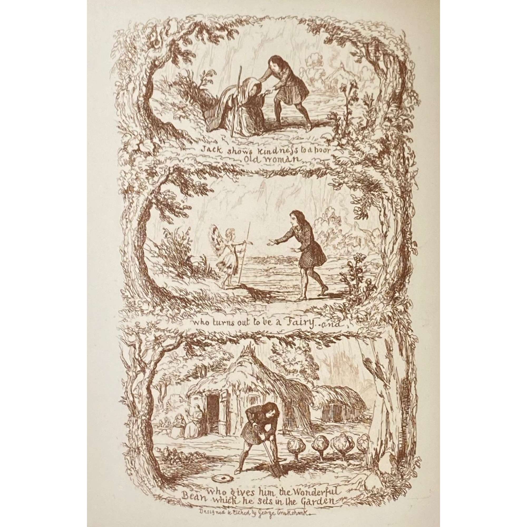 George Cruikshank. George Cruikshank's Fairy Library. Hop-O'-My Thumb. Jack and the Bean-Stalk. Cinderella. Puss in Boots. — London: George Bell and Sons, 1885. — pp.: [2] blank, [2] first half-title with blank verso, [i-ii] second half-title with blank verso, [2] frontispiece plate with blank recto, [iii-viii] title, colophone, editor's note, list of illustr. [2] title with blank verso, [1] 2-101 [3] blank, 24 plates with protective tissue, unpag. — Colophon: This edition is limited to 500 copies, with India paper impressions. The former editions have been from lithographic transfers. The plates were retouched under Mr. Cruikshank's direction shortly before his death, and have not been used since until now.