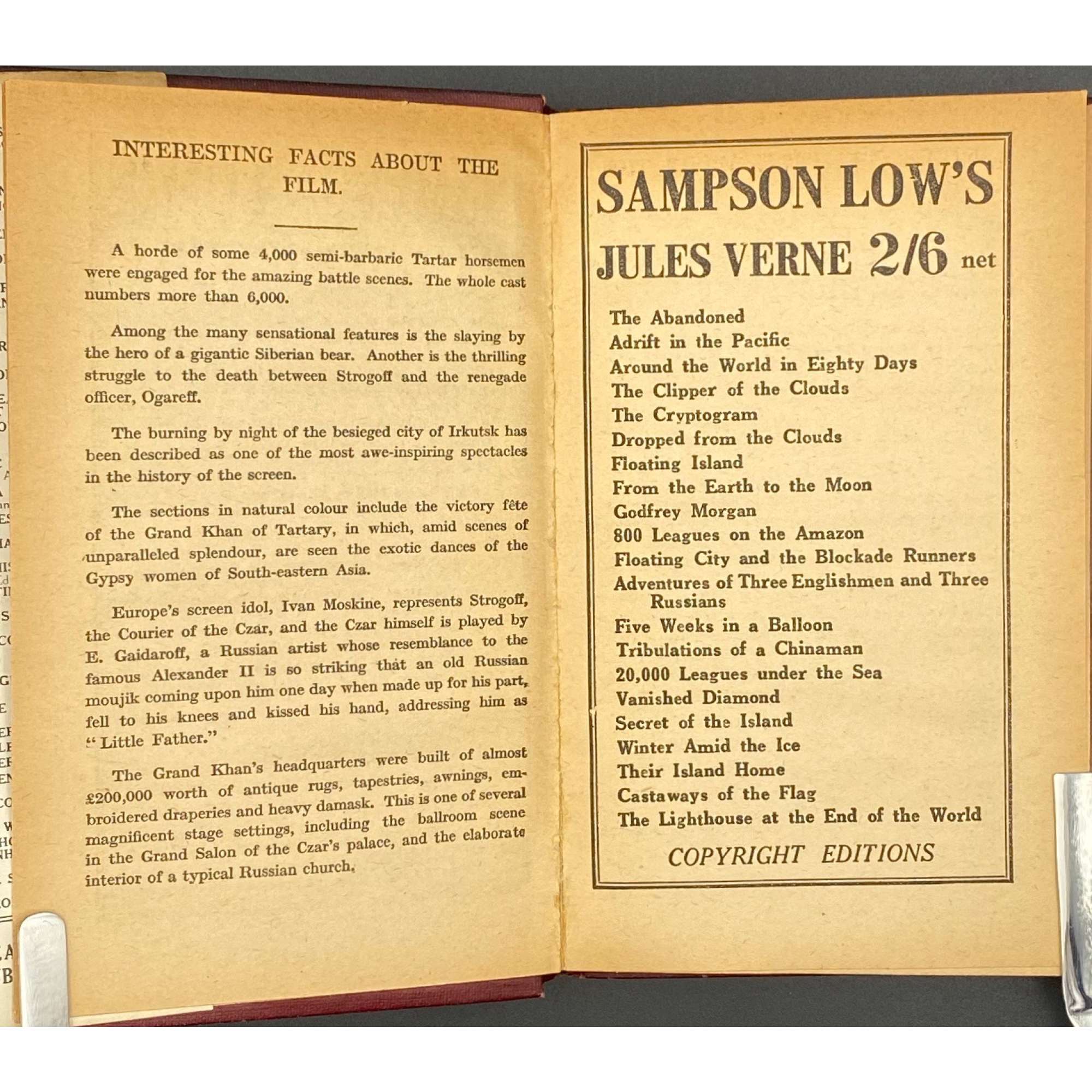 Jules Verne. Michael Strogoff : The courier of the Czar. (The story of the film). — London: The Readers Library Publishing Company Ltd., [1927]. — pp.: [1-13] 14-251 [252: printer's imprint] [253-256: blank], note: [note: first and last leaves used as front and rear paste-downs].