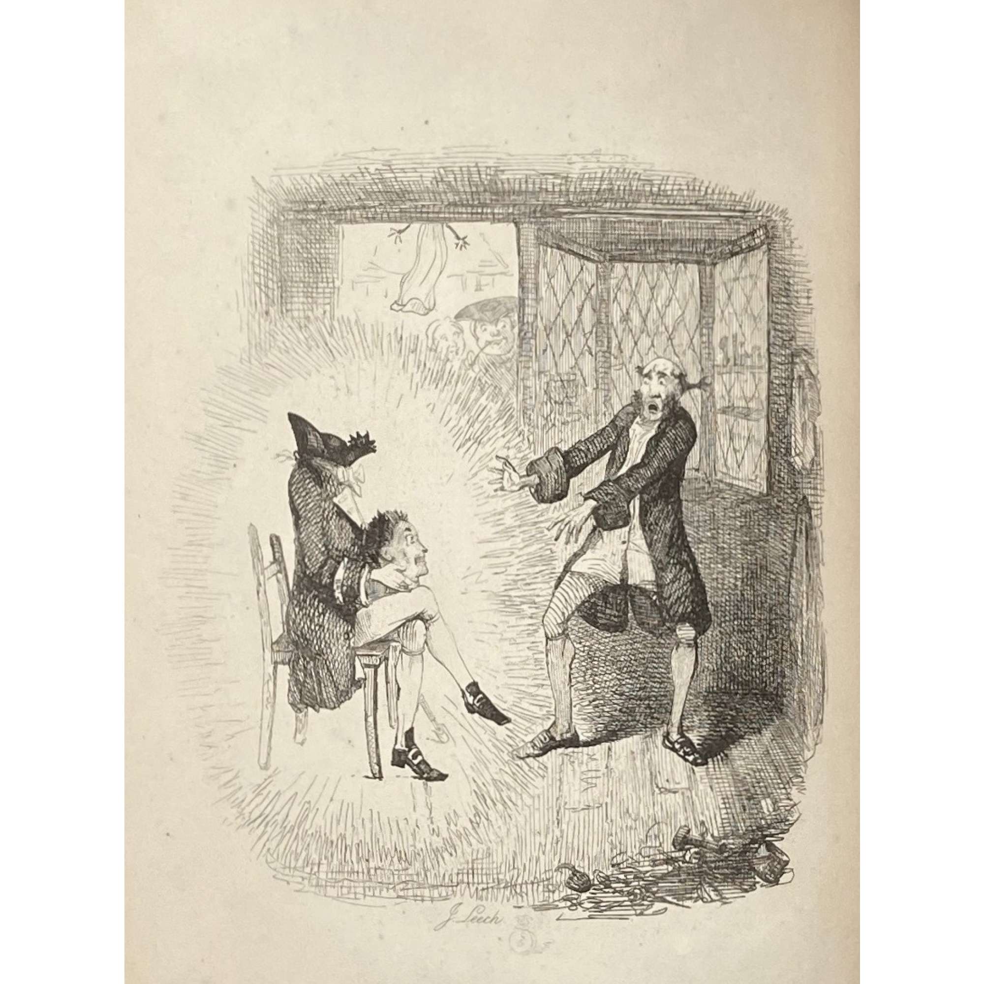 [Barham, Richard Harris]. The Ingoldsby Legends or Mirth and Marvels by Thomas Ingoldsby, esquire / First, Second and Third Series - 3 volumes; Illustr.: George Cruikshank and John Leech. — London: Richard Bentley, 1840-1847. — Vol. 1: Printed by London: Samuel Bentley, 1840. pp.: ff, [2 blank] [i ht] [ii colophon] [title, verso blank] [iii] iv-v [vi blank] [contents, list of ill.] [blank, etching on verso] [1] 2-338 [339] [7, incl. orig. FC and Sp.] bf, 6 plates: 1 by Buss, 3 by Leech, 2 by Cruikshank. — Vol. 2: Printed by London: S. & J. Bentley, Wilson, and Fley, 1842. pp.: ff, [2 blank] [i ht] [ii colophon]  [title, verso blank] [v] vi-vii [viii blank] [contents, verso blank] [blank, etching on verso] [1] 2-288 [6, incl. orig. FC and Sp.] bf, 7 plates: 3 by Leech, 4 by Cruikshank. — Vol. 3: Printed by London: S. & J. Bentley, Wilson, and Fley, 1847. pp.: ff, [2 blank] [i ht] [ii colophon] [title, verso blank] [iii] iv-vi [contents, list of ill.] [blank, portrait on verso] [1] 2-364 [6, incl. orig. FC and Sp.] bf, 6 plates: 2 portraits, 2 by Leech, 2 by Cruikshank.