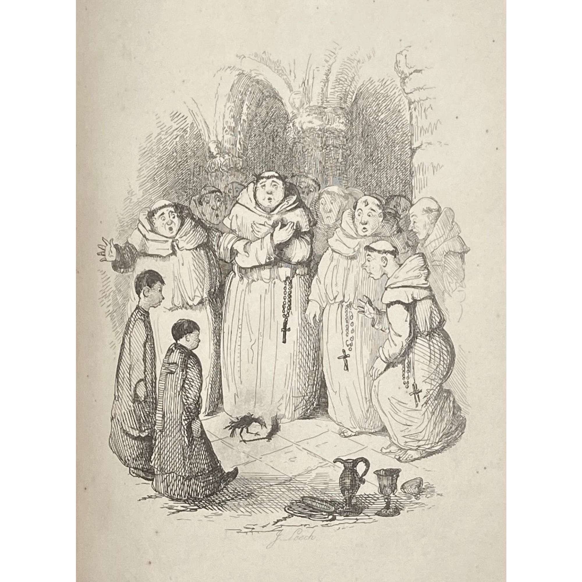 [Barham, Richard Harris]. The Ingoldsby Legends or Mirth and Marvels by Thomas Ingoldsby, esquire / First, Second and Third Series - 3 volumes; Illustr.: George Cruikshank and John Leech. — London: Richard Bentley, 1840-1847. — Vol. 1: Printed by London: Samuel Bentley, 1840. pp.: ff, [2 blank] [i ht] [ii colophon] [title, verso blank] [iii] iv-v [vi blank] [contents, list of ill.] [blank, etching on verso] [1] 2-338 [339] [7, incl. orig. FC and Sp.] bf, 6 plates: 1 by Buss, 3 by Leech, 2 by Cruikshank. — Vol. 2: Printed by London: S. & J. Bentley, Wilson, and Fley, 1842. pp.: ff, [2 blank] [i ht] [ii colophon]  [title, verso blank] [v] vi-vii [viii blank] [contents, verso blank] [blank, etching on verso] [1] 2-288 [6, incl. orig. FC and Sp.] bf, 7 plates: 3 by Leech, 4 by Cruikshank. — Vol. 3: Printed by London: S. & J. Bentley, Wilson, and Fley, 1847. pp.: ff, [2 blank] [i ht] [ii colophon] [title, verso blank] [iii] iv-vi [contents, list of ill.] [blank, portrait on verso] [1] 2-364 [6, incl. orig. FC and Sp.] bf, 6 plates: 2 portraits, 2 by Leech, 2 by Cruikshank.