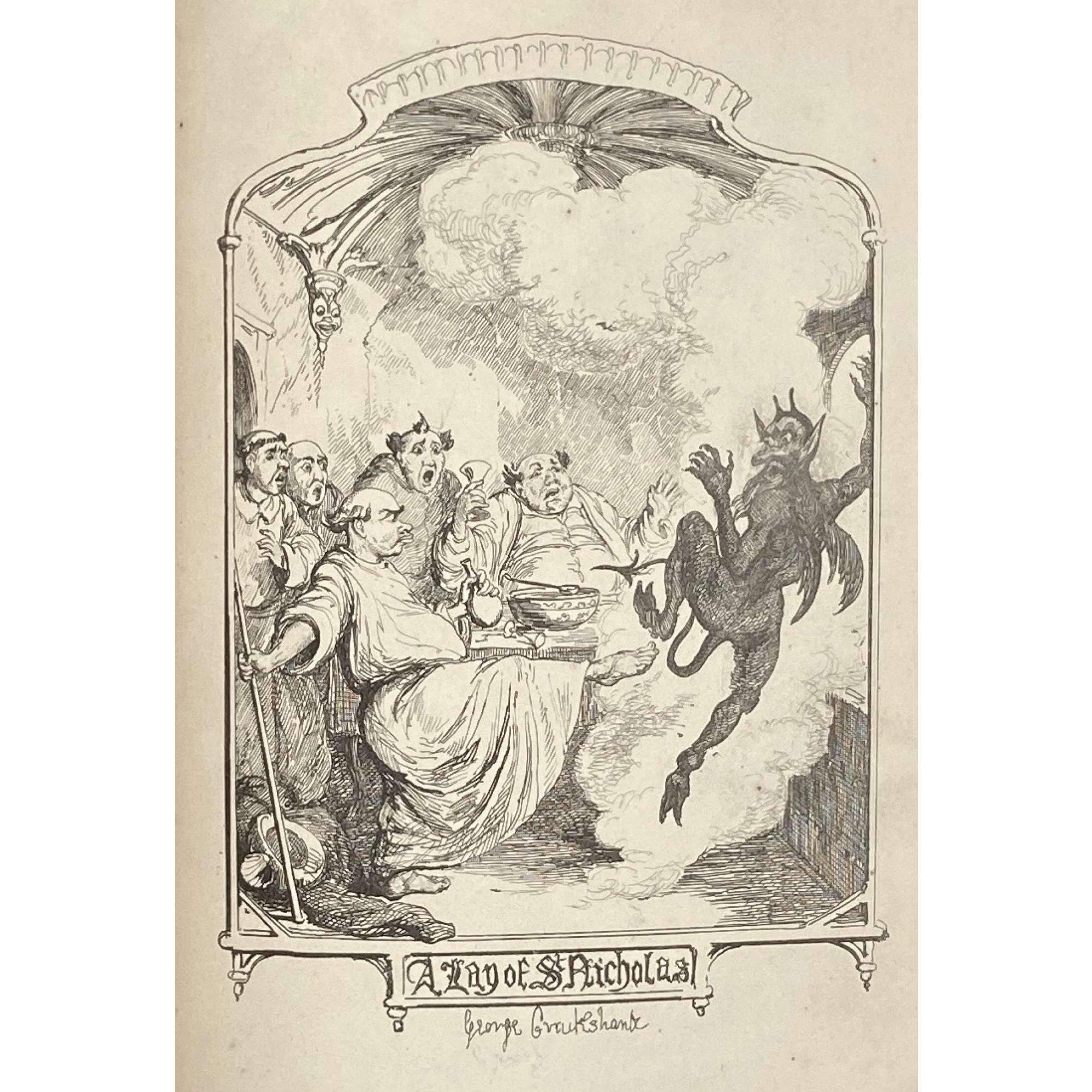 [Barham, Richard Harris]. The Ingoldsby Legends or Mirth and Marvels by Thomas Ingoldsby, esquire / First, Second and Third Series - 3 volumes; Illustr.: George Cruikshank and John Leech. — London: Richard Bentley, 1840-1847. — Vol. 1: Printed by London: Samuel Bentley, 1840. pp.: ff, [2 blank] [i ht] [ii colophon] [title, verso blank] [iii] iv-v [vi blank] [contents, list of ill.] [blank, etching on verso] [1] 2-338 [339] [7, incl. orig. FC and Sp.] bf, 6 plates: 1 by Buss, 3 by Leech, 2 by Cruikshank. — Vol. 2: Printed by London: S. & J. Bentley, Wilson, and Fley, 1842. pp.: ff, [2 blank] [i ht] [ii colophon]  [title, verso blank] [v] vi-vii [viii blank] [contents, verso blank] [blank, etching on verso] [1] 2-288 [6, incl. orig. FC and Sp.] bf, 7 plates: 3 by Leech, 4 by Cruikshank. — Vol. 3: Printed by London: S. & J. Bentley, Wilson, and Fley, 1847. pp.: ff, [2 blank] [i ht] [ii colophon] [title, verso blank] [iii] iv-vi [contents, list of ill.] [blank, portrait on verso] [1] 2-364 [6, incl. orig. FC and Sp.] bf, 6 plates: 2 portraits, 2 by Leech, 2 by Cruikshank.