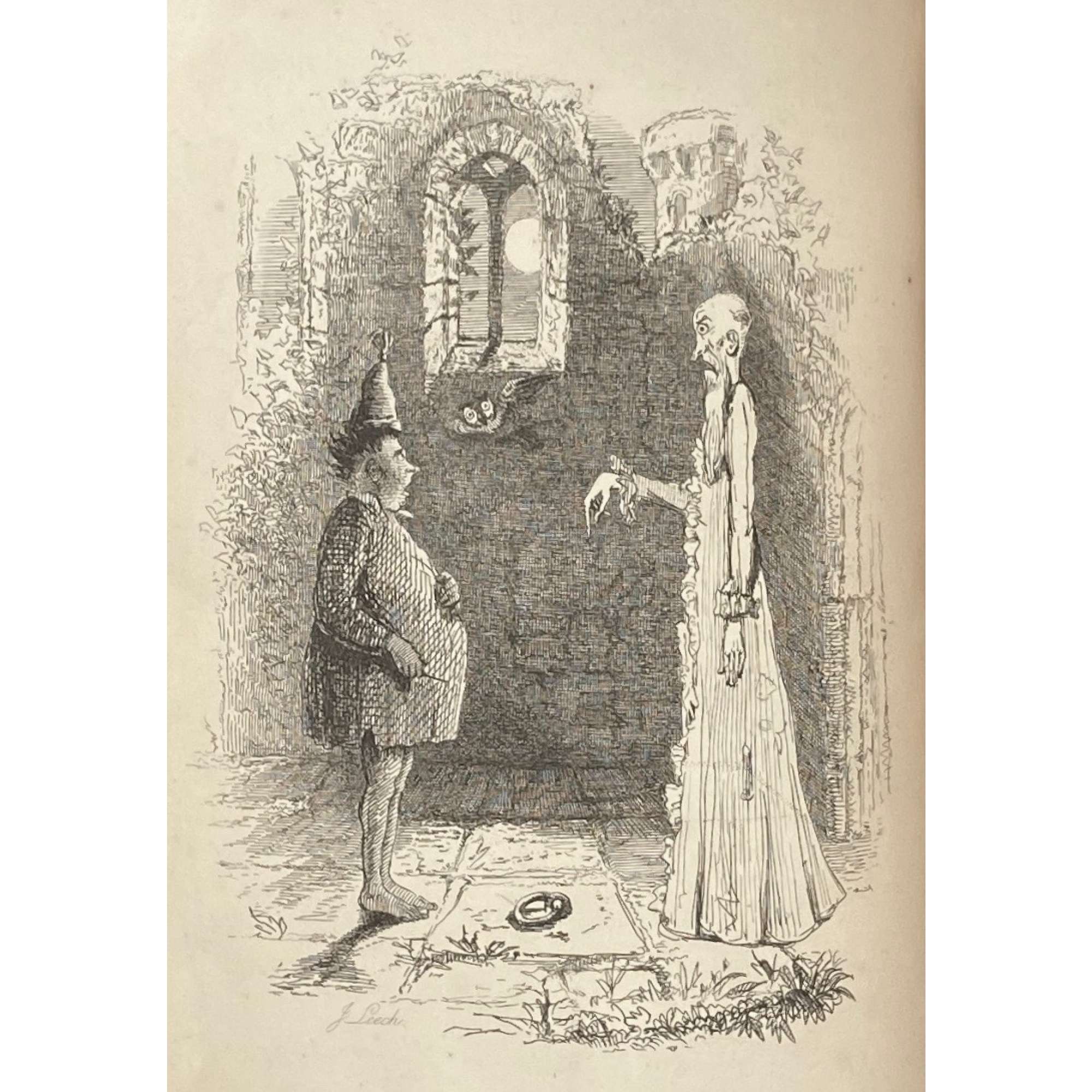 [Barham, Richard Harris]. The Ingoldsby Legends or Mirth and Marvels by Thomas Ingoldsby, esquire / First, Second and Third Series - 3 volumes; Illustr.: George Cruikshank and John Leech. — London: Richard Bentley, 1840-1847. — Vol. 1: Printed by London: Samuel Bentley, 1840. pp.: ff, [2 blank] [i ht] [ii colophon] [title, verso blank] [iii] iv-v [vi blank] [contents, list of ill.] [blank, etching on verso] [1] 2-338 [339] [7, incl. orig. FC and Sp.] bf, 6 plates: 1 by Buss, 3 by Leech, 2 by Cruikshank. — Vol. 2: Printed by London: S. & J. Bentley, Wilson, and Fley, 1842. pp.: ff, [2 blank] [i ht] [ii colophon]  [title, verso blank] [v] vi-vii [viii blank] [contents, verso blank] [blank, etching on verso] [1] 2-288 [6, incl. orig. FC and Sp.] bf, 7 plates: 3 by Leech, 4 by Cruikshank. — Vol. 3: Printed by London: S. & J. Bentley, Wilson, and Fley, 1847. pp.: ff, [2 blank] [i ht] [ii colophon] [title, verso blank] [iii] iv-vi [contents, list of ill.] [blank, portrait on verso] [1] 2-364 [6, incl. orig. FC and Sp.] bf, 6 plates: 2 portraits, 2 by Leech, 2 by Cruikshank.