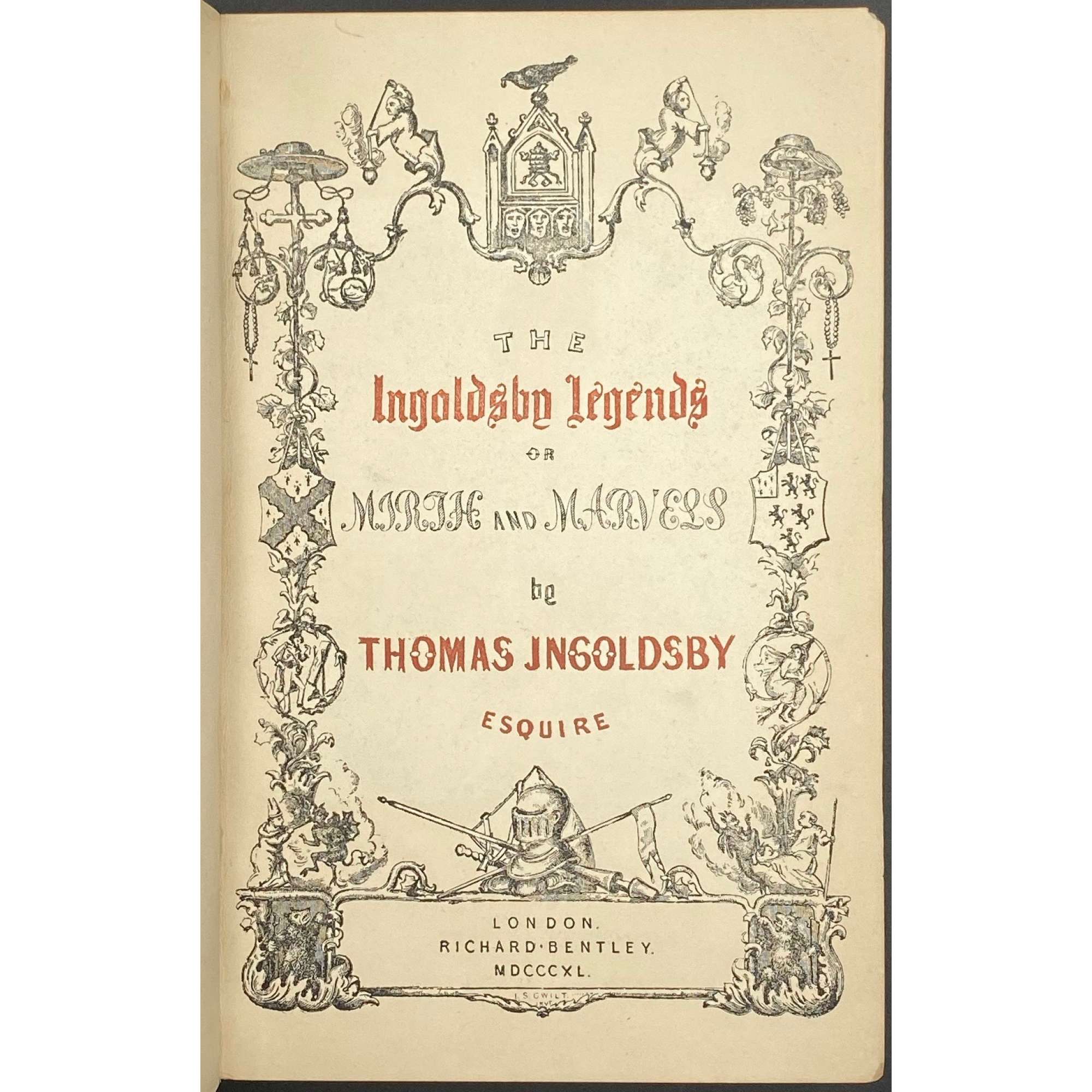 [Barham, Richard Harris]. The Ingoldsby Legends or Mirth and Marvels by Thomas Ingoldsby, esquire / First, Second and Third Series - 3 volumes; Illustr.: George Cruikshank and John Leech. — London: Richard Bentley, 1840-1847. — Vol. 1: Printed by London: Samuel Bentley, 1840. pp.: ff, [2 blank] [i ht] [ii colophon] [title, verso blank] [iii] iv-v [vi blank] [contents, list of ill.] [blank, etching on verso] [1] 2-338 [339] [7, incl. orig. FC and Sp.] bf, 6 plates: 1 by Buss, 3 by Leech, 2 by Cruikshank. — Vol. 2: Printed by London: S. & J. Bentley, Wilson, and Fley, 1842. pp.: ff, [2 blank] [i ht] [ii colophon]  [title, verso blank] [v] vi-vii [viii blank] [contents, verso blank] [blank, etching on verso] [1] 2-288 [6, incl. orig. FC and Sp.] bf, 7 plates: 3 by Leech, 4 by Cruikshank. — Vol. 3: Printed by London: S. & J. Bentley, Wilson, and Fley, 1847. pp.: ff, [2 blank] [i ht] [ii colophon] [title, verso blank] [iii] iv-vi [contents, list of ill.] [blank, portrait on verso] [1] 2-364 [6, incl. orig. FC and Sp.] bf, 6 plates: 2 portraits, 2 by Leech, 2 by Cruikshank.