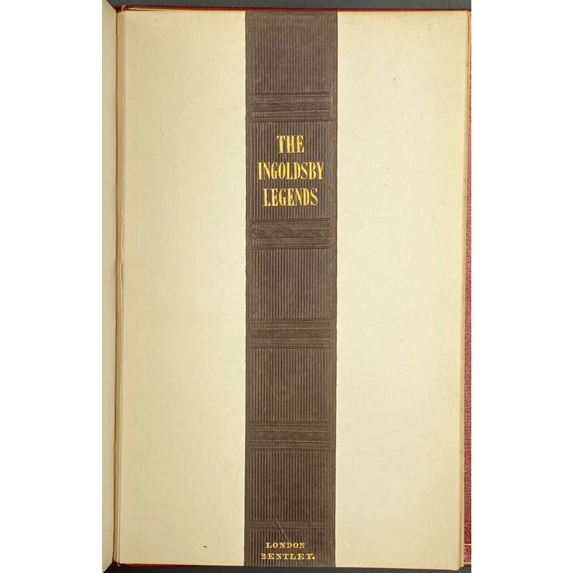 [Barham, Richard Harris]. The Ingoldsby Legends or Mirth and Marvels by Thomas Ingoldsby, esquire / First, Second and Third Series - 3 volumes; Illustr.: George Cruikshank and John Leech. — London: Richard Bentley, 1840-1847. — Vol. 1: Printed by London: Samuel Bentley, 1840. pp.: ff, [2 blank] [i ht] [ii colophon] [title, verso blank] [iii] iv-v [vi blank] [contents, list of ill.] [blank, etching on verso] [1] 2-338 [339] [7, incl. orig. FC and Sp.] bf, 6 plates: 1 by Buss, 3 by Leech, 2 by Cruikshank. — Vol. 2: Printed by London: S. & J. Bentley, Wilson, and Fley, 1842. pp.: ff, [2 blank] [i ht] [ii colophon]  [title, verso blank] [v] vi-vii [viii blank] [contents, verso blank] [blank, etching on verso] [1] 2-288 [6, incl. orig. FC and Sp.] bf, 7 plates: 3 by Leech, 4 by Cruikshank. — Vol. 3: Printed by London: S. & J. Bentley, Wilson, and Fley, 1847. pp.: ff, [2 blank] [i ht] [ii colophon] [title, verso blank] [iii] iv-vi [contents, list of ill.] [blank, portrait on verso] [1] 2-364 [6, incl. orig. FC and Sp.] bf, 6 plates: 2 portraits, 2 by Leech, 2 by Cruikshank.