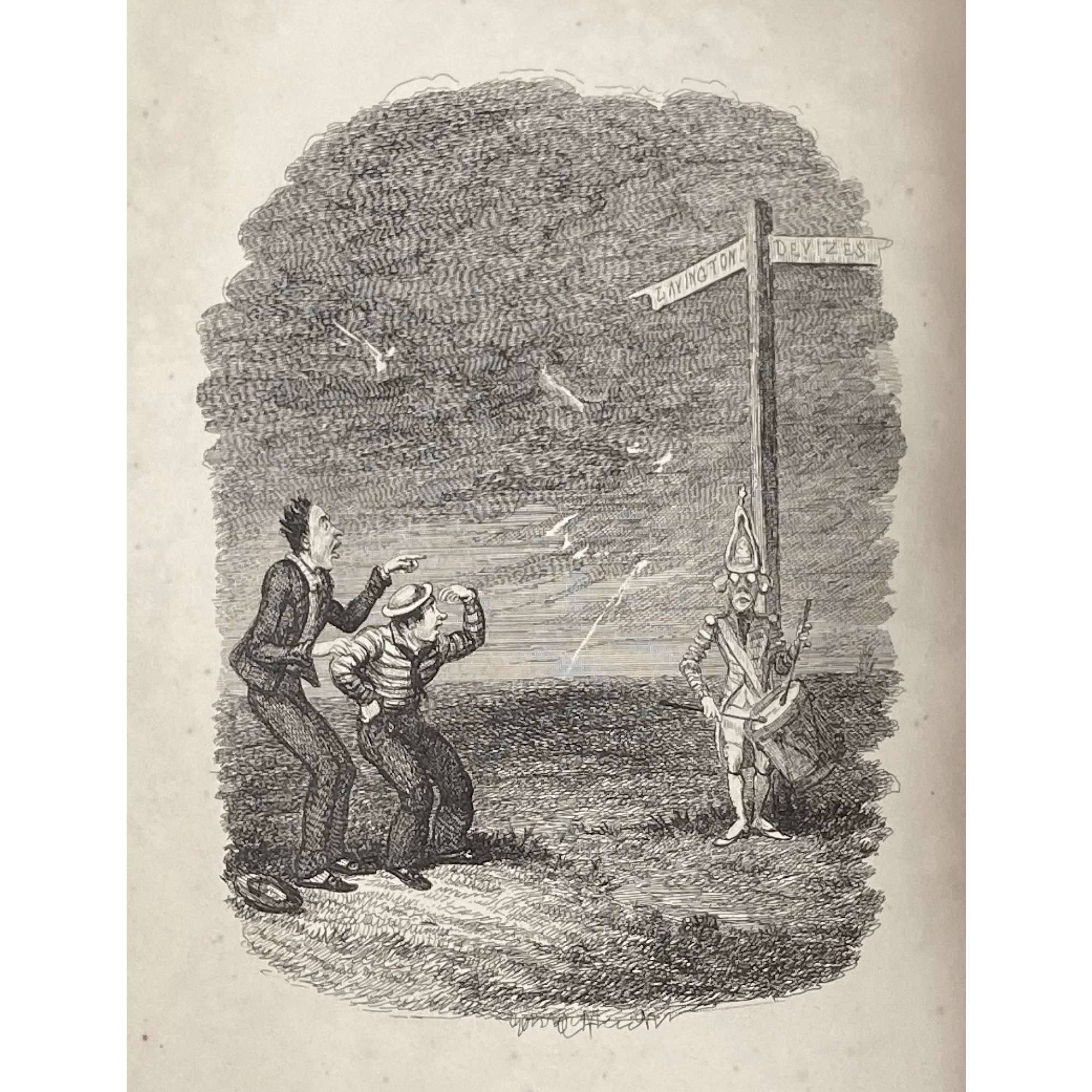 [Barham, Richard Harris]. The Ingoldsby Legends or Mirth and Marvels by Thomas Ingoldsby, esquire / First, Second and Third Series - 3 volumes; Illustr.: George Cruikshank and John Leech. — London: Richard Bentley, 1840-1847. — Vol. 1: Printed by London: Samuel Bentley, 1840. pp.: ff, [2 blank] [i ht] [ii colophon] [title, verso blank] [iii] iv-v [vi blank] [contents, list of ill.] [blank, etching on verso] [1] 2-338 [339] [7, incl. orig. FC and Sp.] bf, 6 plates: 1 by Buss, 3 by Leech, 2 by Cruikshank. — Vol. 2: Printed by London: S. & J. Bentley, Wilson, and Fley, 1842. pp.: ff, [2 blank] [i ht] [ii colophon]  [title, verso blank] [v] vi-vii [viii blank] [contents, verso blank] [blank, etching on verso] [1] 2-288 [6, incl. orig. FC and Sp.] bf, 7 plates: 3 by Leech, 4 by Cruikshank. — Vol. 3: Printed by London: S. & J. Bentley, Wilson, and Fley, 1847. pp.: ff, [2 blank] [i ht] [ii colophon] [title, verso blank] [iii] iv-vi [contents, list of ill.] [blank, portrait on verso] [1] 2-364 [6, incl. orig. FC and Sp.] bf, 6 plates: 2 portraits, 2 by Leech, 2 by Cruikshank.