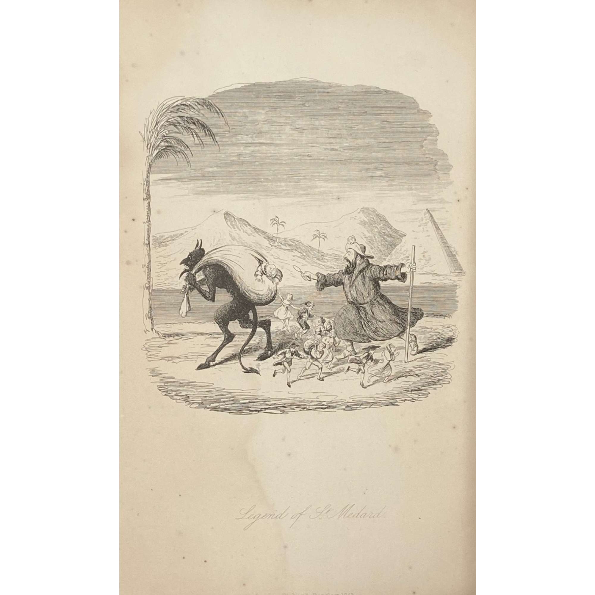 [Barham, Richard Harris]. The Ingoldsby Legends or Mirth and Marvels by Thomas Ingoldsby, esquire / First, Second and Third Series - 3 volumes; Illustr.: George Cruikshank and John Leech. — London: Richard Bentley, 1840-1847. — Vol. 1: Printed by London: Samuel Bentley, 1840. pp.: ff, [2 blank] [i ht] [ii colophon] [title, verso blank] [iii] iv-v [vi blank] [contents, list of ill.] [blank, etching on verso] [1] 2-338 [339] [7, incl. orig. FC and Sp.] bf, 6 plates: 1 by Buss, 3 by Leech, 2 by Cruikshank. — Vol. 2: Printed by London: S. & J. Bentley, Wilson, and Fley, 1842. pp.: ff, [2 blank] [i ht] [ii colophon]  [title, verso blank] [v] vi-vii [viii blank] [contents, verso blank] [blank, etching on verso] [1] 2-288 [6, incl. orig. FC and Sp.] bf, 7 plates: 3 by Leech, 4 by Cruikshank. — Vol. 3: Printed by London: S. & J. Bentley, Wilson, and Fley, 1847. pp.: ff, [2 blank] [i ht] [ii colophon] [title, verso blank] [iii] iv-vi [contents, list of ill.] [blank, portrait on verso] [1] 2-364 [6, incl. orig. FC and Sp.] bf, 6 plates: 2 portraits, 2 by Leech, 2 by Cruikshank.