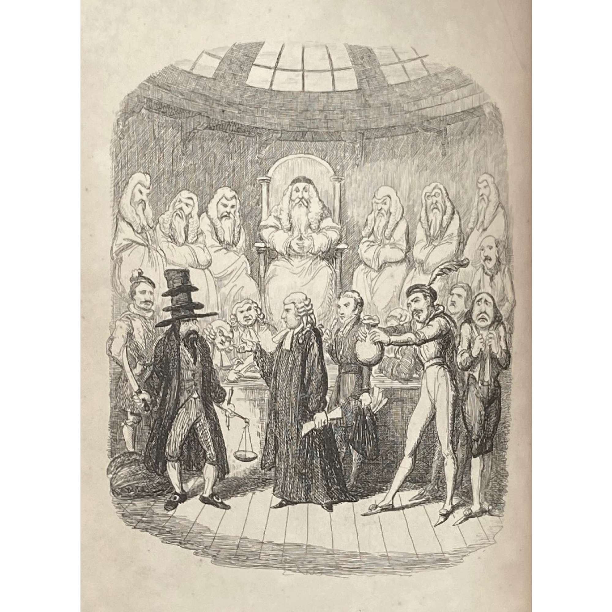 [Barham, Richard Harris]. The Ingoldsby Legends or Mirth and Marvels by Thomas Ingoldsby, esquire / First, Second and Third Series - 3 volumes; Illustr.: George Cruikshank and John Leech. — London: Richard Bentley, 1840-1847. — Vol. 1: Printed by London: Samuel Bentley, 1840. pp.: ff, [2 blank] [i ht] [ii colophon] [title, verso blank] [iii] iv-v [vi blank] [contents, list of ill.] [blank, etching on verso] [1] 2-338 [339] [7, incl. orig. FC and Sp.] bf, 6 plates: 1 by Buss, 3 by Leech, 2 by Cruikshank. — Vol. 2: Printed by London: S. & J. Bentley, Wilson, and Fley, 1842. pp.: ff, [2 blank] [i ht] [ii colophon]  [title, verso blank] [v] vi-vii [viii blank] [contents, verso blank] [blank, etching on verso] [1] 2-288 [6, incl. orig. FC and Sp.] bf, 7 plates: 3 by Leech, 4 by Cruikshank. — Vol. 3: Printed by London: S. & J. Bentley, Wilson, and Fley, 1847. pp.: ff, [2 blank] [i ht] [ii colophon] [title, verso blank] [iii] iv-vi [contents, list of ill.] [blank, portrait on verso] [1] 2-364 [6, incl. orig. FC and Sp.] bf, 6 plates: 2 portraits, 2 by Leech, 2 by Cruikshank.