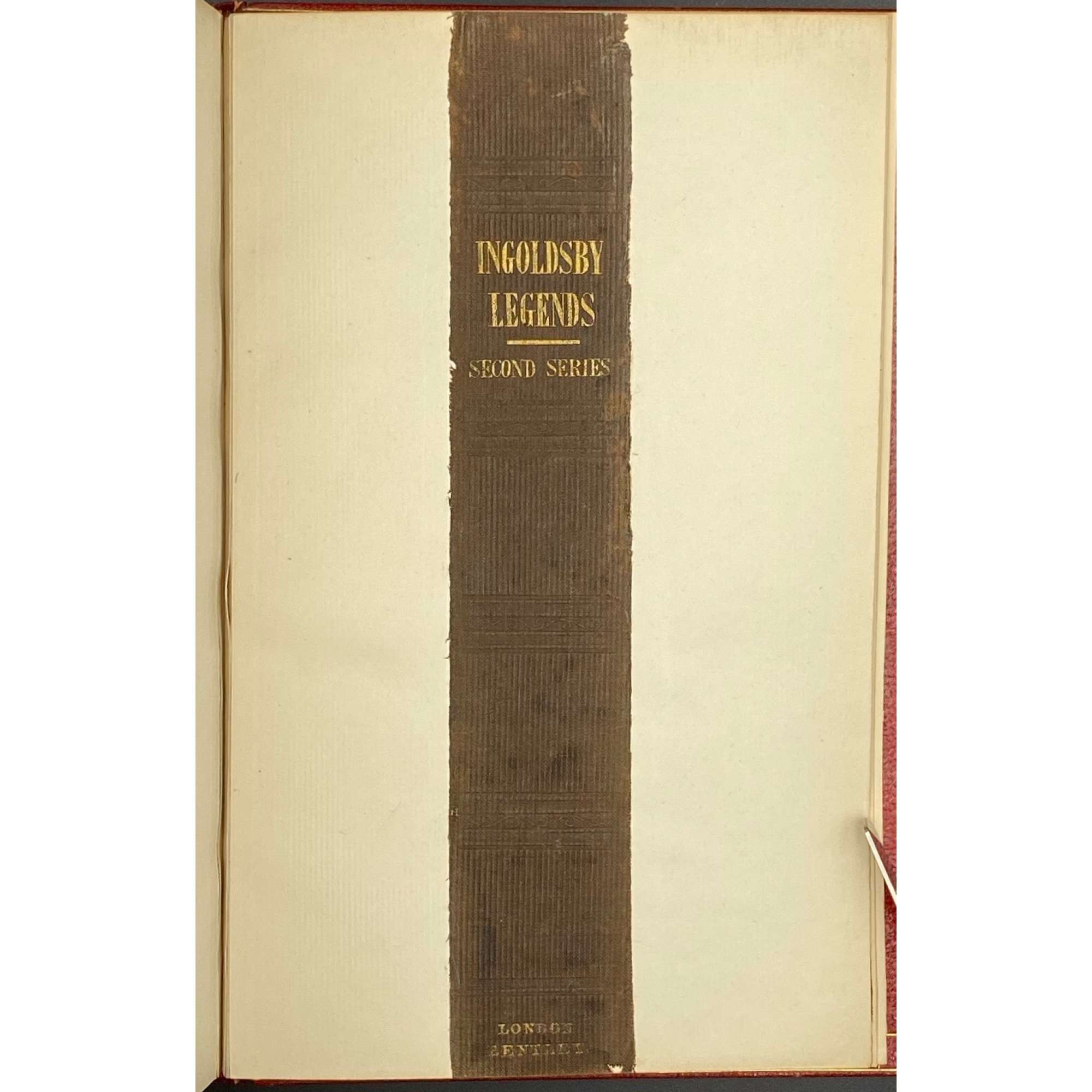 [Barham, Richard Harris]. The Ingoldsby Legends or Mirth and Marvels by Thomas Ingoldsby, esquire / First, Second and Third Series - 3 volumes; Illustr.: George Cruikshank and John Leech. — London: Richard Bentley, 1840-1847. — Vol. 1: Printed by London: Samuel Bentley, 1840. pp.: ff, [2 blank] [i ht] [ii colophon] [title, verso blank] [iii] iv-v [vi blank] [contents, list of ill.] [blank, etching on verso] [1] 2-338 [339] [7, incl. orig. FC and Sp.] bf, 6 plates: 1 by Buss, 3 by Leech, 2 by Cruikshank. — Vol. 2: Printed by London: S. & J. Bentley, Wilson, and Fley, 1842. pp.: ff, [2 blank] [i ht] [ii colophon]  [title, verso blank] [v] vi-vii [viii blank] [contents, verso blank] [blank, etching on verso] [1] 2-288 [6, incl. orig. FC and Sp.] bf, 7 plates: 3 by Leech, 4 by Cruikshank. — Vol. 3: Printed by London: S. & J. Bentley, Wilson, and Fley, 1847. pp.: ff, [2 blank] [i ht] [ii colophon] [title, verso blank] [iii] iv-vi [contents, list of ill.] [blank, portrait on verso] [1] 2-364 [6, incl. orig. FC and Sp.] bf, 6 plates: 2 portraits, 2 by Leech, 2 by Cruikshank.