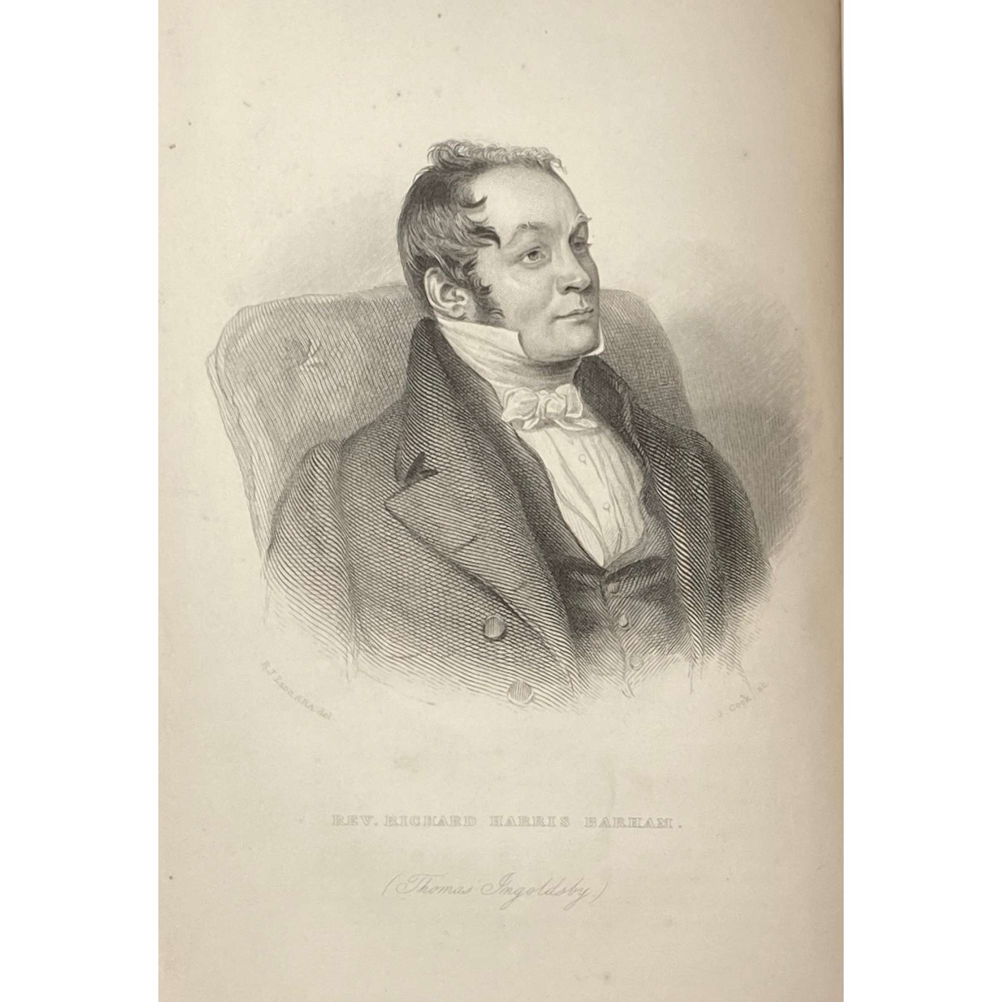 [Barham, Richard Harris]. The Ingoldsby Legends or Mirth and Marvels by Thomas Ingoldsby, esquire / First, Second and Third Series - 3 volumes; Illustr.: George Cruikshank and John Leech. — London: Richard Bentley, 1840-1847. — Vol. 1: Printed by London: Samuel Bentley, 1840. pp.: ff, [2 blank] [i ht] [ii colophon] [title, verso blank] [iii] iv-v [vi blank] [contents, list of ill.] [blank, etching on verso] [1] 2-338 [339] [7, incl. orig. FC and Sp.] bf, 6 plates: 1 by Buss, 3 by Leech, 2 by Cruikshank. — Vol. 2: Printed by London: S. & J. Bentley, Wilson, and Fley, 1842. pp.: ff, [2 blank] [i ht] [ii colophon]  [title, verso blank] [v] vi-vii [viii blank] [contents, verso blank] [blank, etching on verso] [1] 2-288 [6, incl. orig. FC and Sp.] bf, 7 plates: 3 by Leech, 4 by Cruikshank. — Vol. 3: Printed by London: S. & J. Bentley, Wilson, and Fley, 1847. pp.: ff, [2 blank] [i ht] [ii colophon] [title, verso blank] [iii] iv-vi [contents, list of ill.] [blank, portrait on verso] [1] 2-364 [6, incl. orig. FC and Sp.] bf, 6 plates: 2 portraits, 2 by Leech, 2 by Cruikshank.