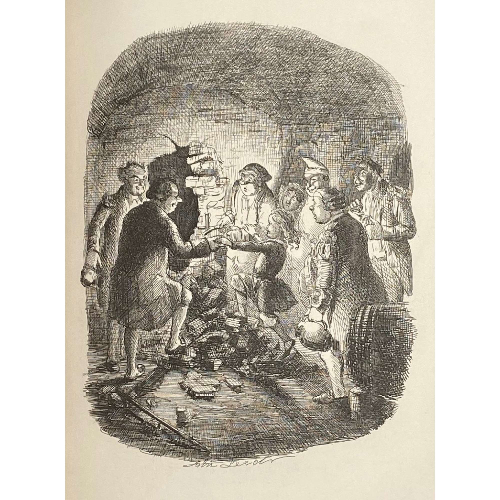 [Barham, Richard Harris]. The Ingoldsby Legends or Mirth and Marvels by Thomas Ingoldsby, esquire / First, Second and Third Series - 3 volumes; Illustr.: George Cruikshank and John Leech. — London: Richard Bentley, 1840-1847. — Vol. 1: Printed by London: Samuel Bentley, 1840. pp.: ff, [2 blank] [i ht] [ii colophon] [title, verso blank] [iii] iv-v [vi blank] [contents, list of ill.] [blank, etching on verso] [1] 2-338 [339] [7, incl. orig. FC and Sp.] bf, 6 plates: 1 by Buss, 3 by Leech, 2 by Cruikshank. — Vol. 2: Printed by London: S. & J. Bentley, Wilson, and Fley, 1842. pp.: ff, [2 blank] [i ht] [ii colophon]  [title, verso blank] [v] vi-vii [viii blank] [contents, verso blank] [blank, etching on verso] [1] 2-288 [6, incl. orig. FC and Sp.] bf, 7 plates: 3 by Leech, 4 by Cruikshank. — Vol. 3: Printed by London: S. & J. Bentley, Wilson, and Fley, 1847. pp.: ff, [2 blank] [i ht] [ii colophon] [title, verso blank] [iii] iv-vi [contents, list of ill.] [blank, portrait on verso] [1] 2-364 [6, incl. orig. FC and Sp.] bf, 6 plates: 2 portraits, 2 by Leech, 2 by Cruikshank.