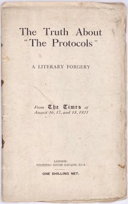 [Philip Graves]. The Truth About "The Protocols" : A Literary Forgery / From the Times of August 16, 17, and 18, 1921. — London: [The Times, 1921]. — pp.: [2 title, coloph.] 3-24.