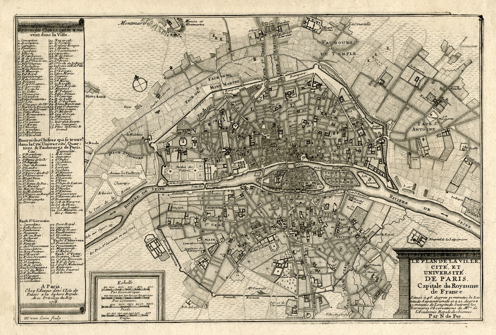 Le plan de la ville, cité, et université de Paris, par N. de Fer, 1705 ...