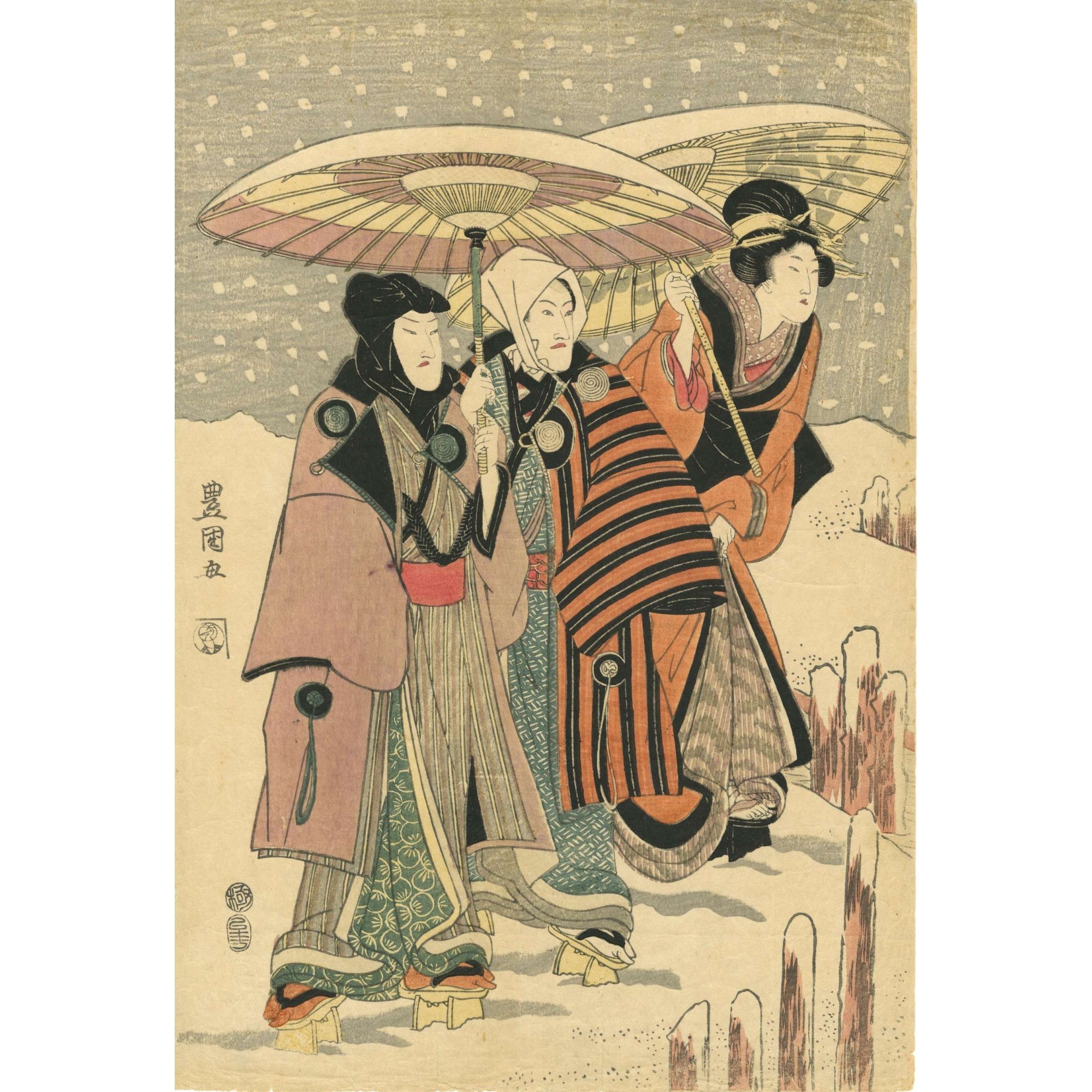 Utagawa Toyokuni I. First Meeting in the Heavy Snow of Piled-up Emotions / Left sheet of a triptych, 1809.