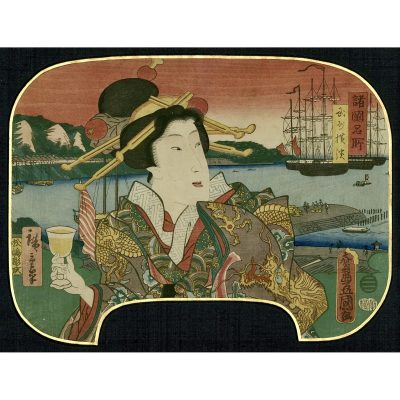 Utagawa Kunisada (Toyokuni III); Utagawa Hiroshige II. Yokohama, Musashi Province (Bushū Yokohama) from the series: Famous Places in the Various Provinces (Shokoku meisho) / Fan print, 1864.