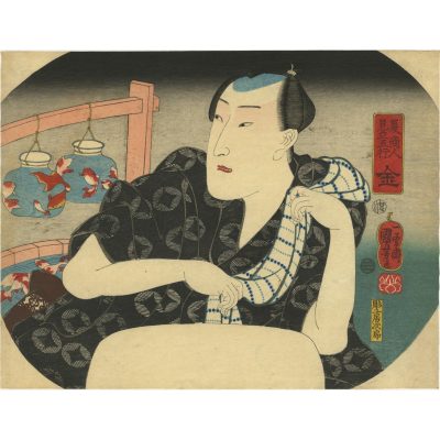 Utagawa Kuniyoshi. Natsu akindo mitate gogyō: Kin (Summer Merchants as the Five Elements: Metal) / Fan print, ca. 1845–1846.