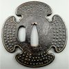 Ōnin ten-zōgan kirikomi mokkō form tsuba with dew-drop design. Muromachi period, mid-15th century.